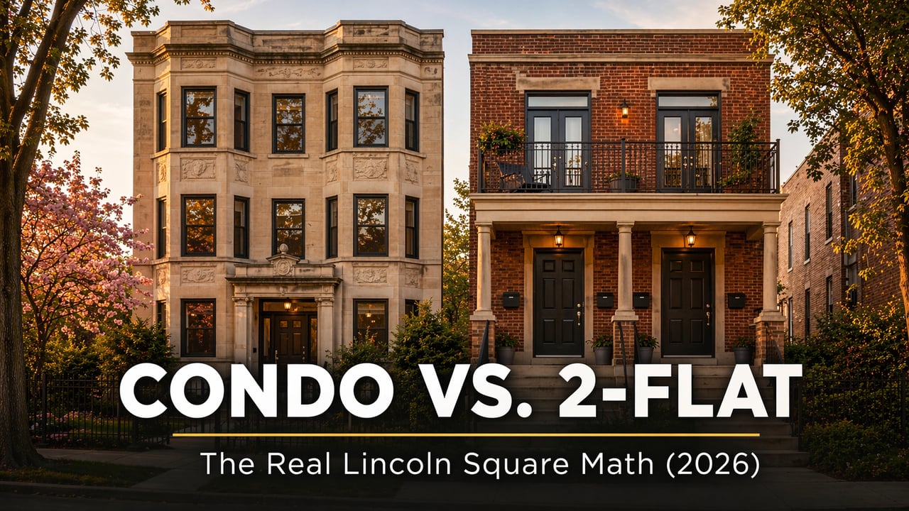 Condo vs 2 flat in Chicago Lincoln Square showing a vintage condo building and a classic brick 2 unit property on a tree lined residential street