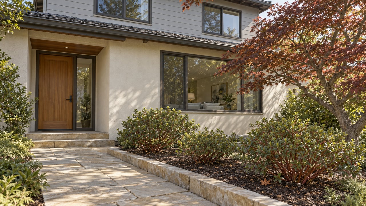 A two-story home with ivory stucco, pale gray wood siding, a sandstone entry walk and a branching Japanese maple.