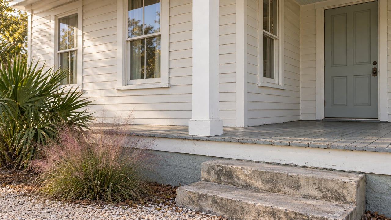 Older clapboard house porch with a white post, gray door, raised masonry foundation, and shell path.