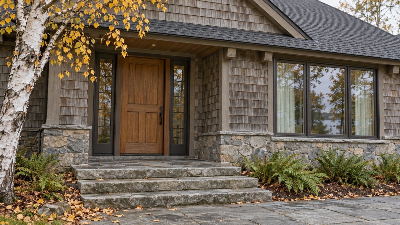 Weathered cedar-shingle home with an oak entrance, stone steps, and a yellow-leaved paper birch in cool autumn light.
