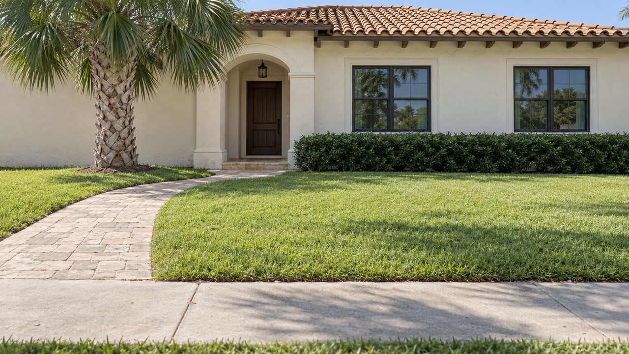 Detached cream stucco home with terracotta roof, curved paver path, lawn, and palm beside the entry.