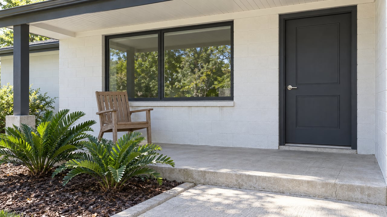 White painted ranch porch with a charcoal front door, broad window, weathered teak chair and two coonties beside a concrete step.