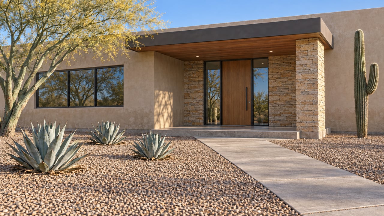 Sand-colored desert-modern home with a shaded stone entry, broad gravel forecourt, sculptural cactus and blue-green branching tree.