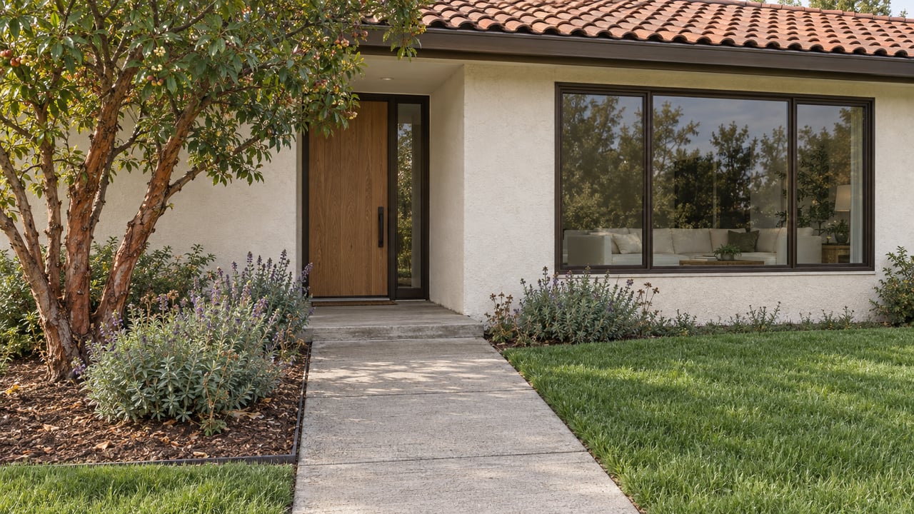 Warm-white stucco home with a clay tile roof, oak entry door, dark-framed window and concrete approach beside a lawn and sculptural strawberry tree.