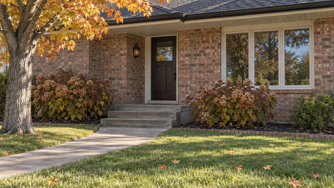 Brick home entrance with concrete steps, a front lawn, and orange autumn foliage.