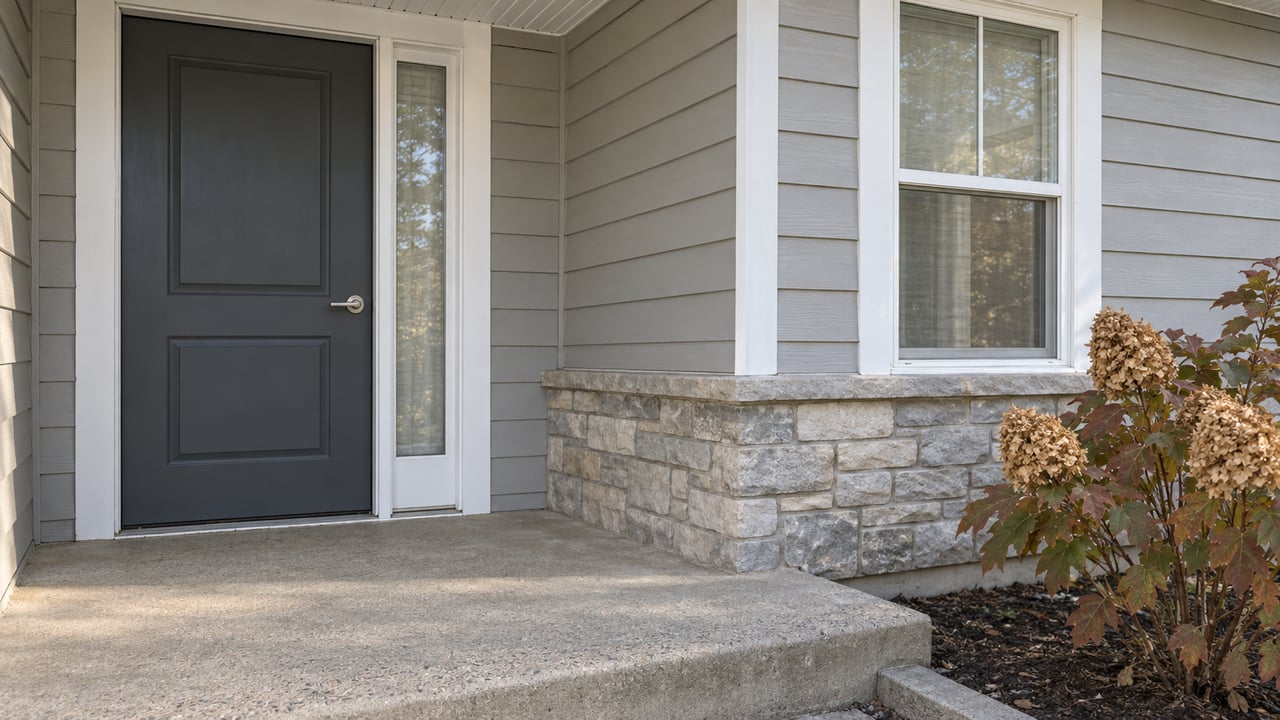 Close view of a charcoal front door, white trim, gray lap siding and stone base beside an autumn oakleaf hydrangea.