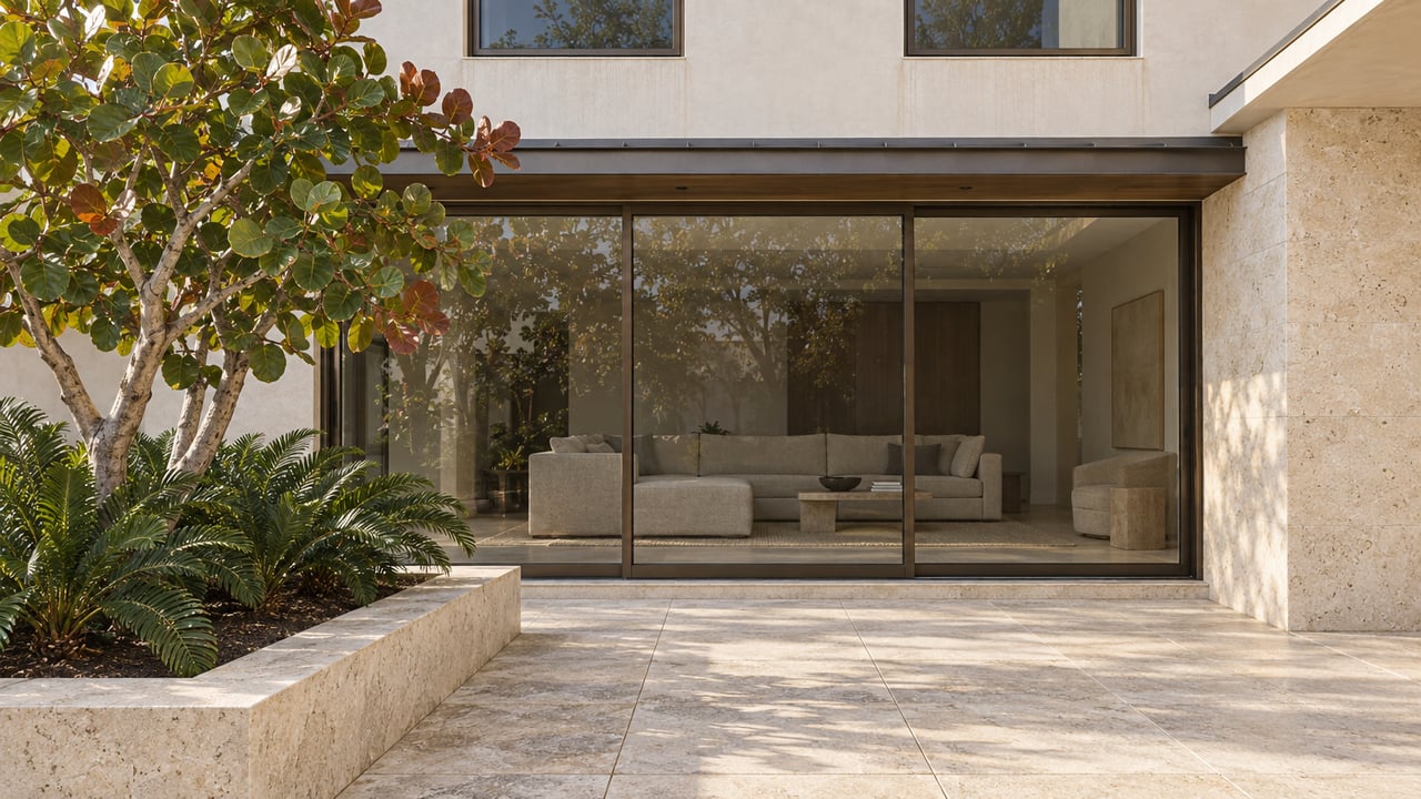 Sunlit ivory-stucco home with bronze-framed sliding glass doors, limestone courtyard and a sculptural sea grape tree.