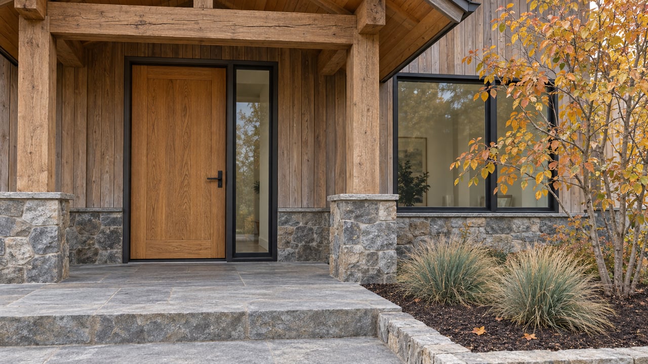 Covered contemporary home entry with cedar siding, an oak door, gray stone steps and copper-yellow serviceberry foliage.