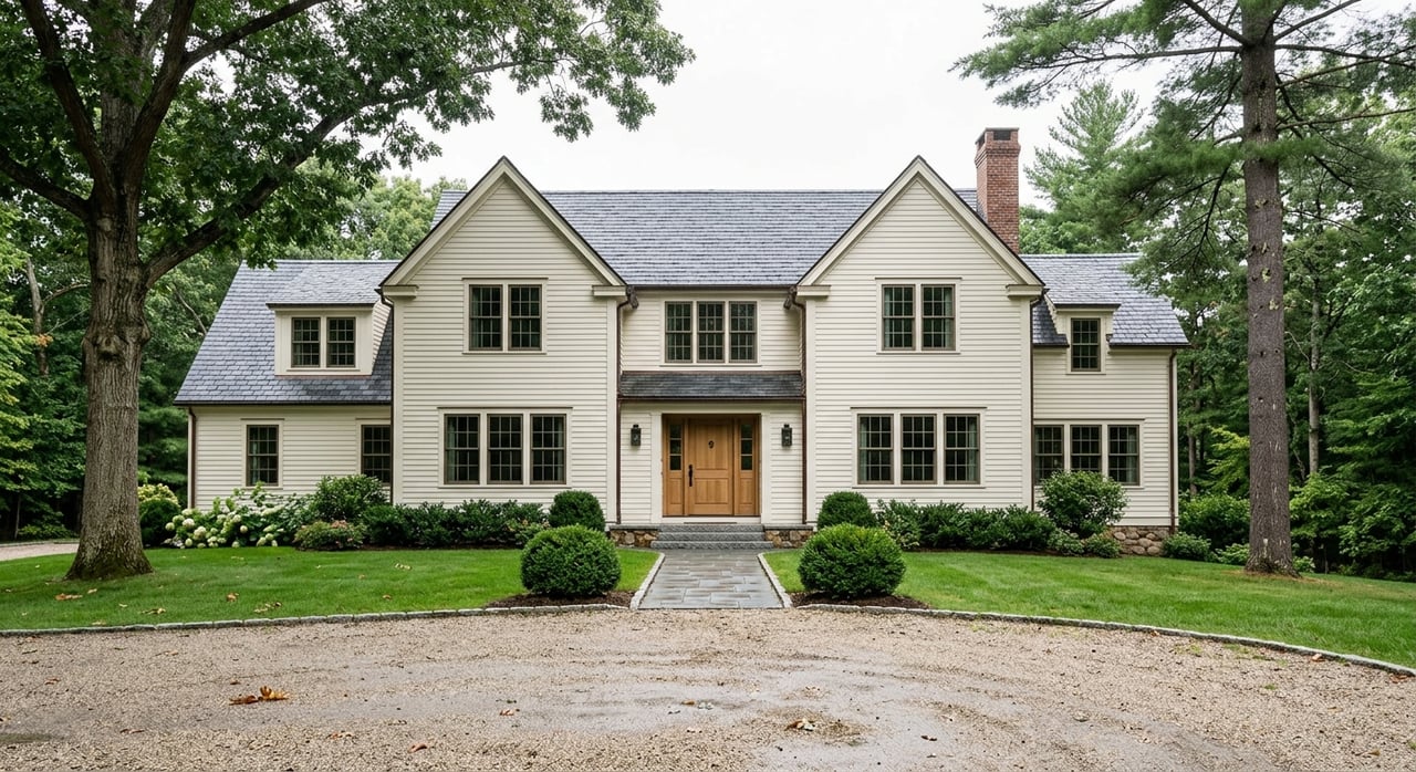 White clapboard estate house beyond a circular gravel drive, with a bluestone path and stone foundation.