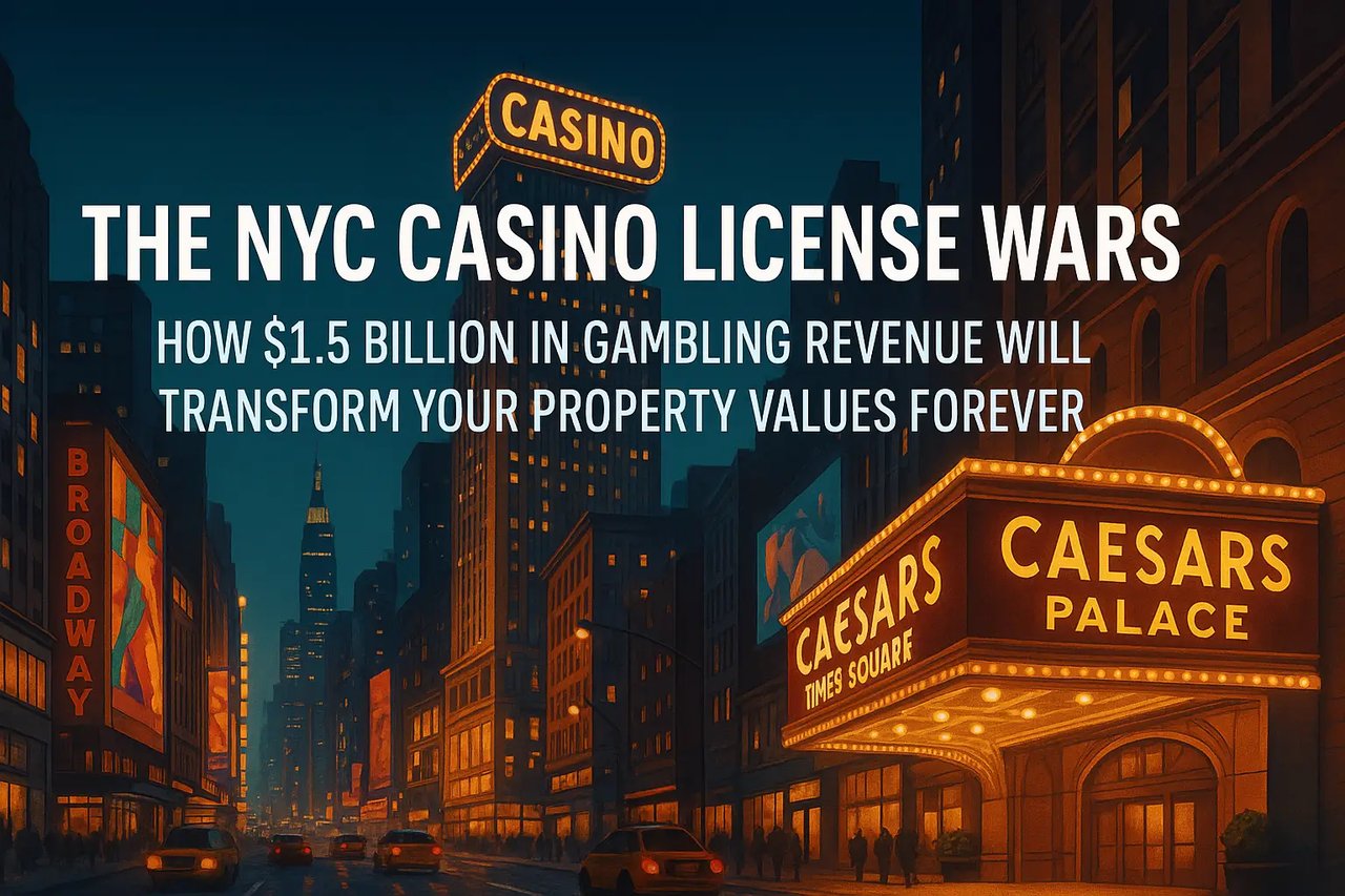 Illustration of Times Square with glowing casino signs and luxury buildings, symbolizing the real estate transformation from New York’s $1.5 billion casino license battle.