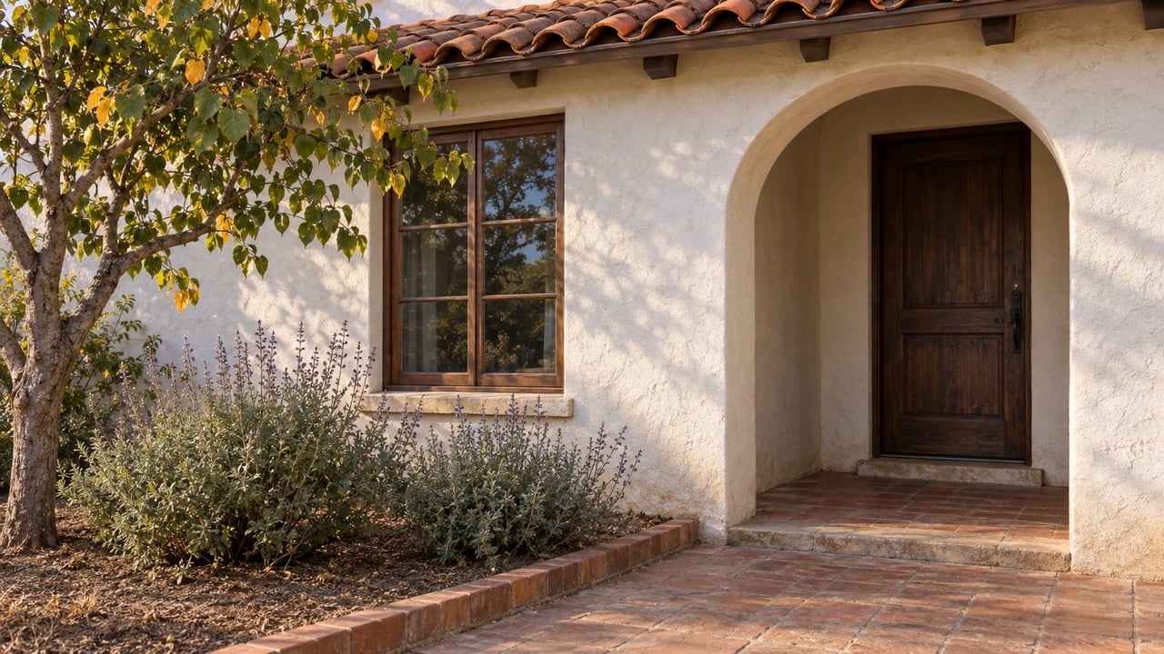Sunlit white stucco home with a terracotta roof, arched wood-door entry, divided-pane window and brick-edged planting bed.
