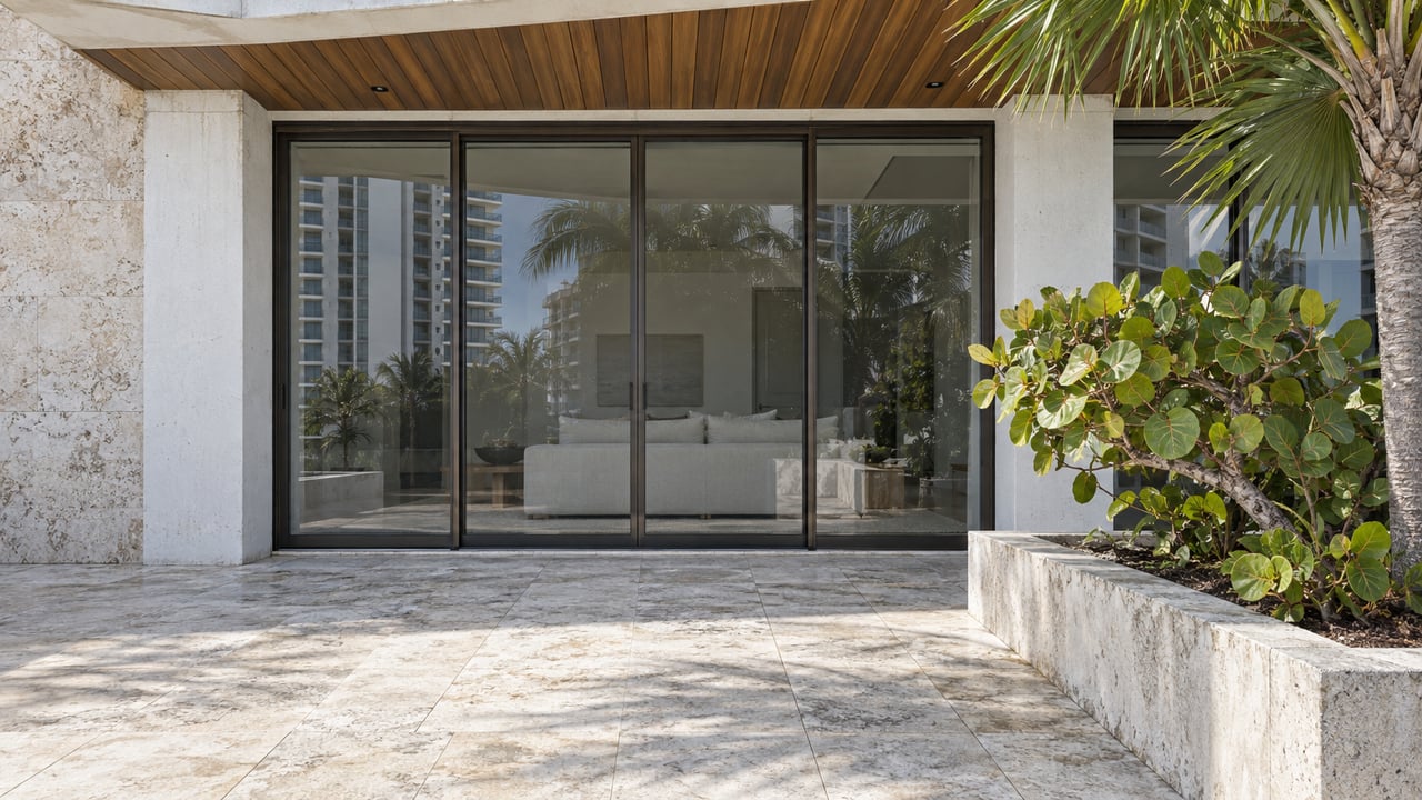 Condominium terrace with closed bronze-framed glass doors, a linen sofa inside, and tropical plants in a raised planter.