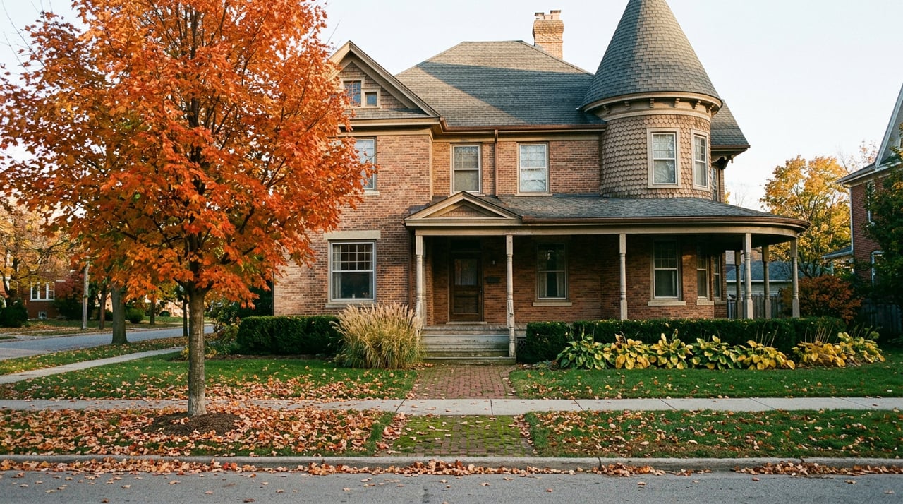 Historic brick residence with a wraparound porch, turret, and orange-red autumn tree beside a leaf-scattered brick walk.