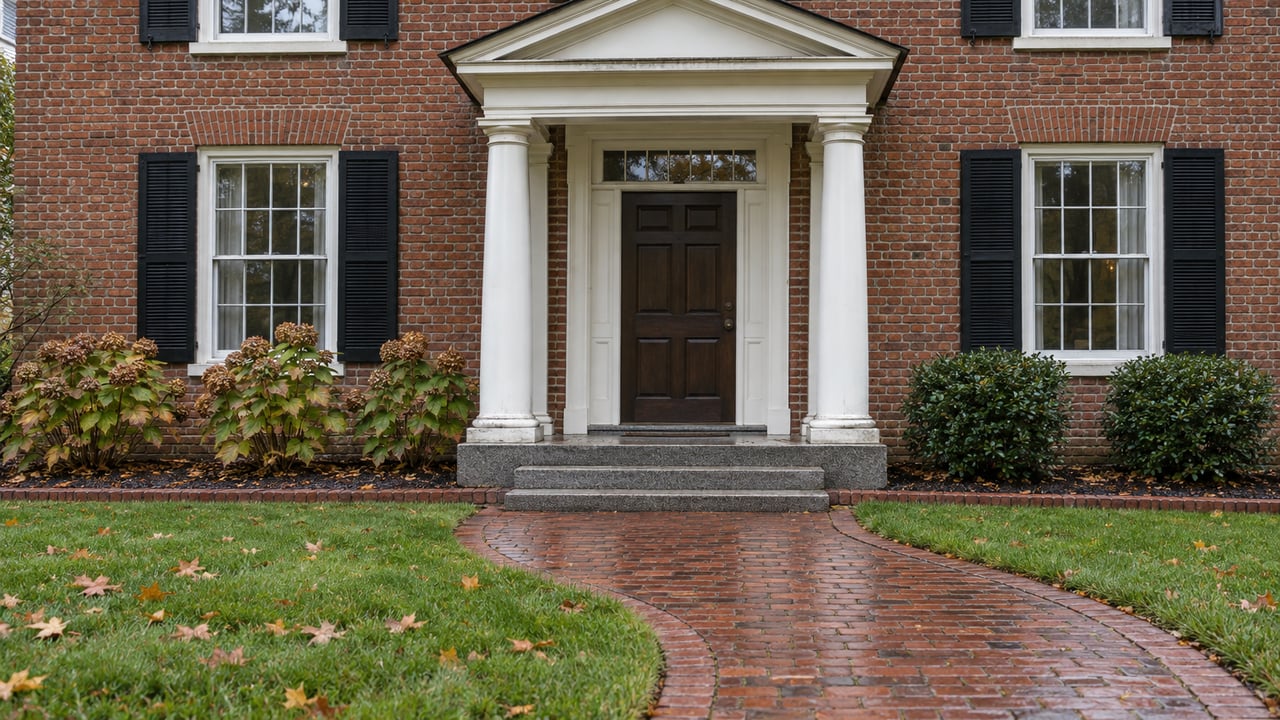 Rain-darkened brick home with a white two-column portico, black shutters, a curved brick walk and autumn foliage.