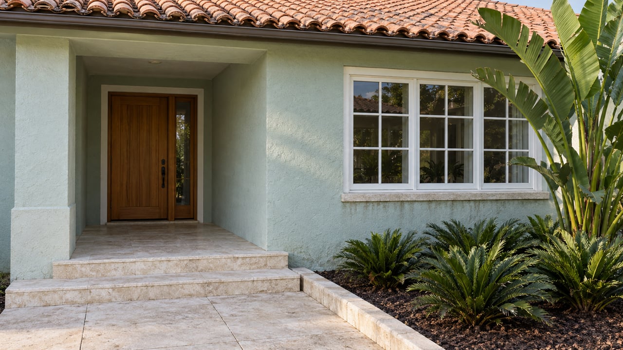 Seafoam stucco house entrance with clay roof tiles, a timber door, pale limestone steps, and sculptural tropical planting.