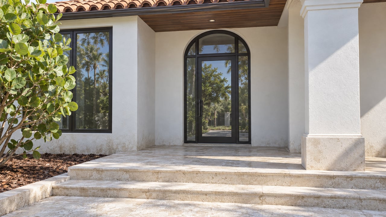 White stucco covered entry with an arched glazed door, terracotta roof, pale limestone steps and a sculptural sea grape tree.