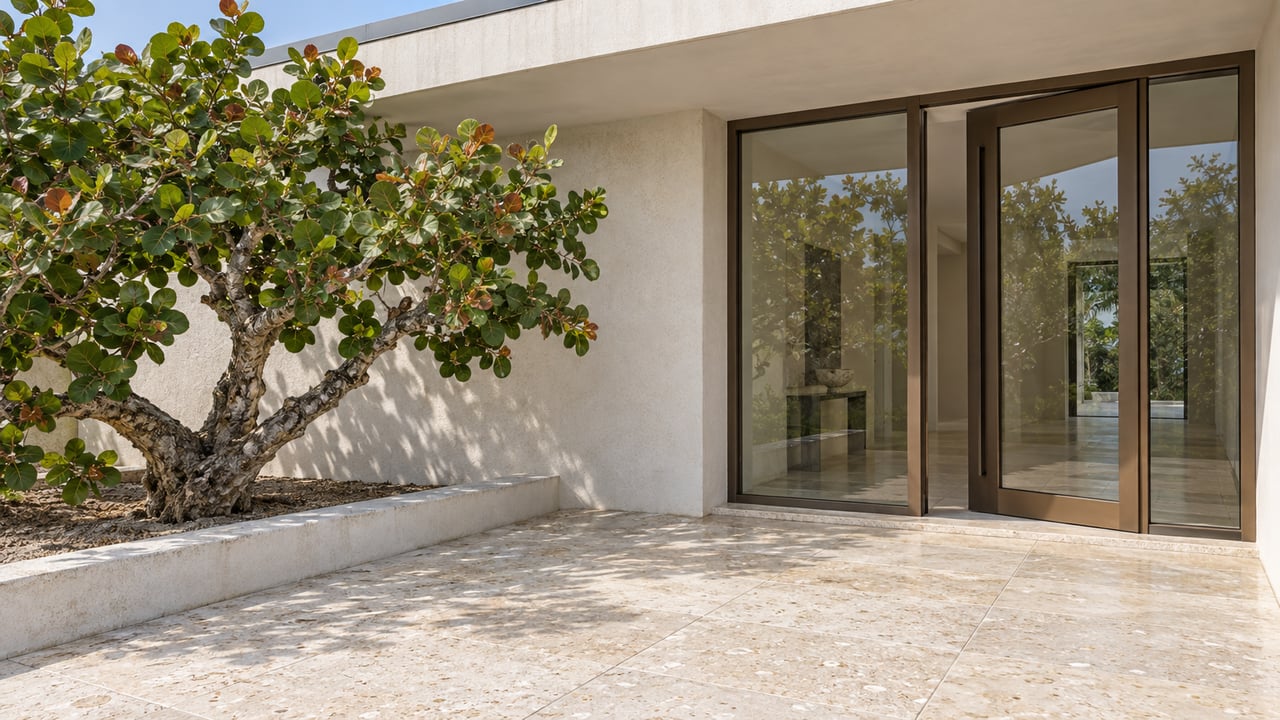 Sunlit limestone entry terrace with bronze-framed glass doors, white stucco and a sculptural sea grape tree in a raised bed.