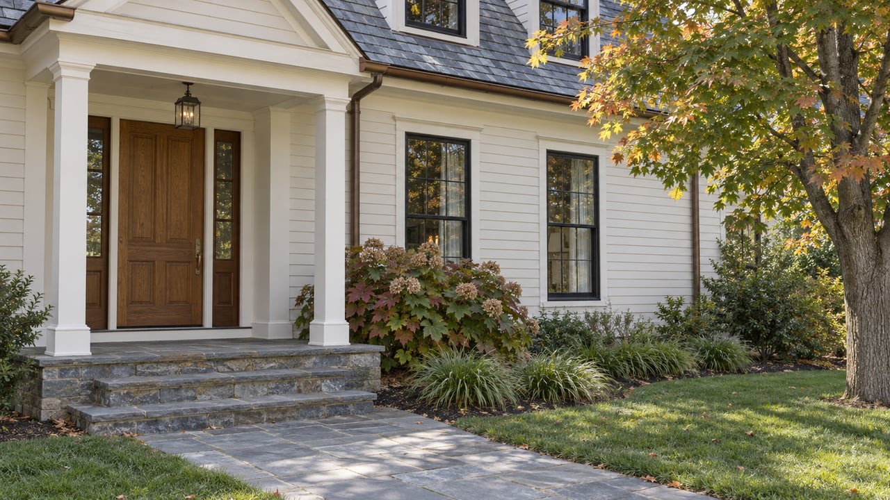 Ivory clapboard home with slate roof edges, an oak front door, bluestone steps and an autumn maple beside the front garden.