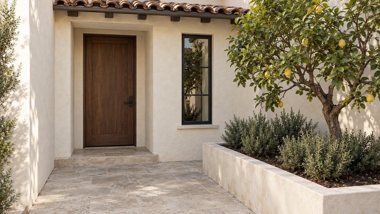Compact ivory stucco house with terracotta roof, walnut door, narrow window, and lemon tree in a raised planter.