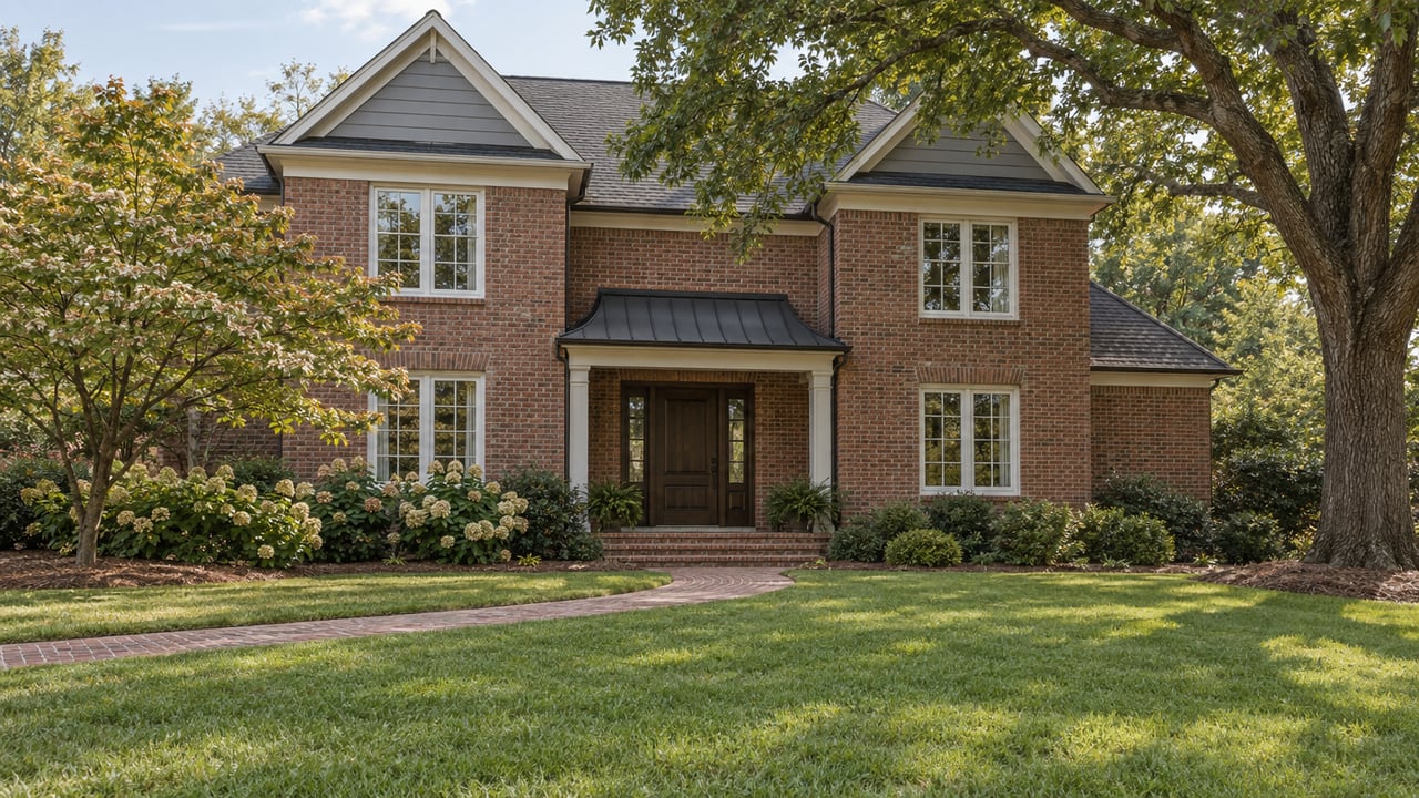 A deep lawn and curved brick walk lead to a two-story brick home with gray gables, white window trim and mature oak and dogwood planting.