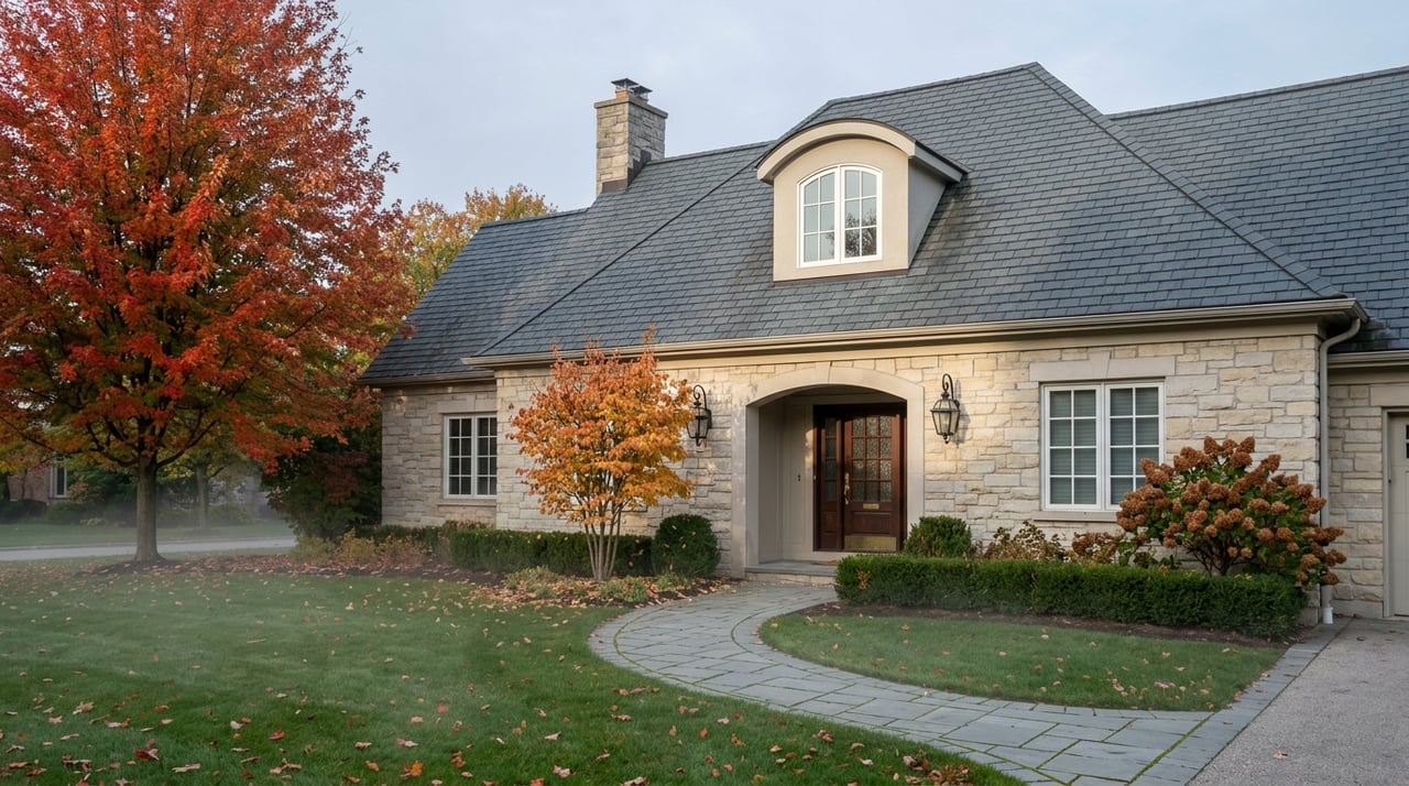 Limestone home with arched porch and dormer beneath a red-orange maple, beside a curving walkway.