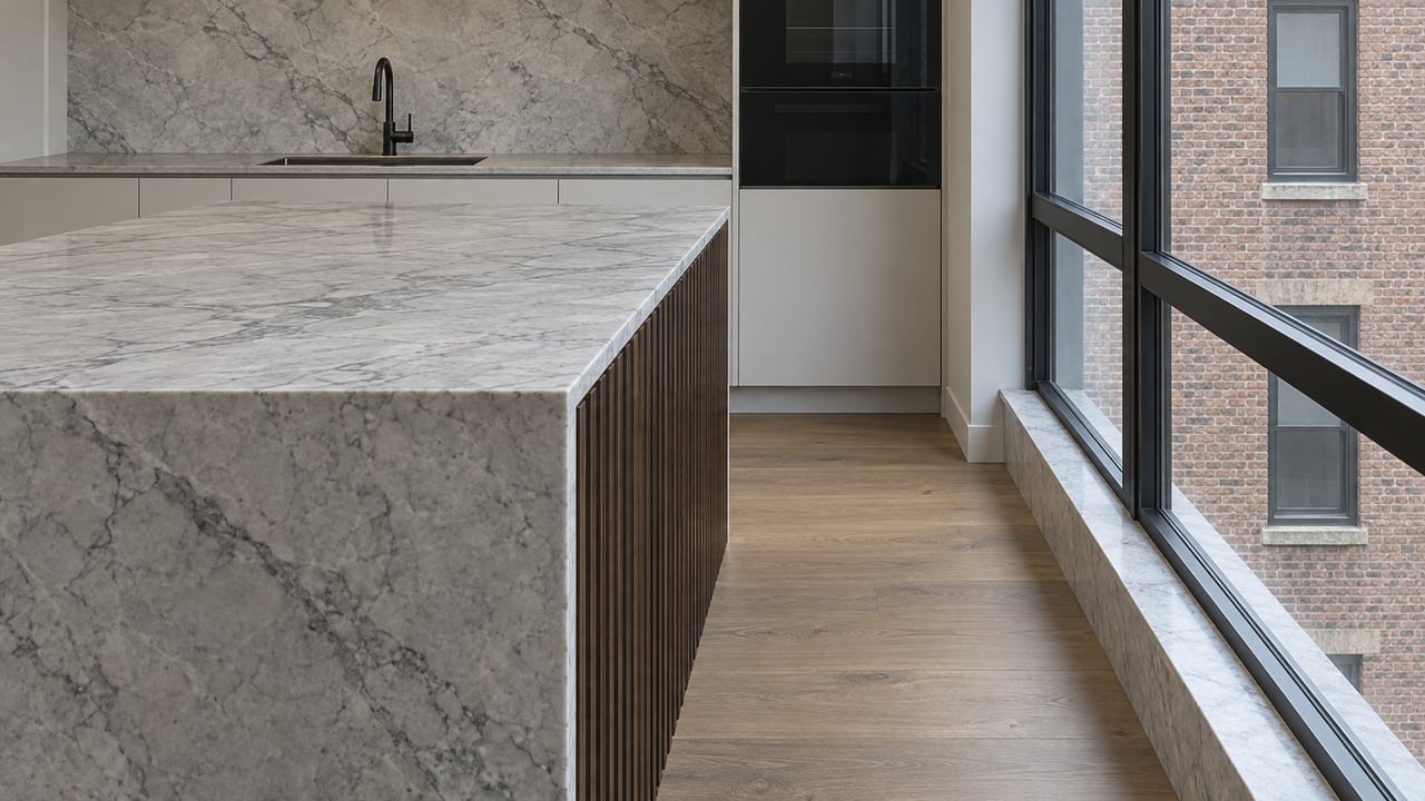 Pale veined stone island, dark fluted walnut and light oak flooring in a compact condo kitchen beside closed black-framed windows overlooking brick masonry.