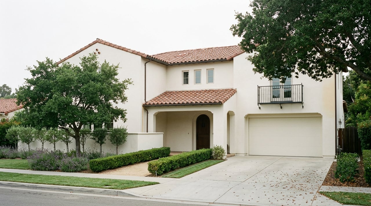 Two-story Mediterranean home with a terracotta tile roof, arched entry, iron balcony, and oak canopy.