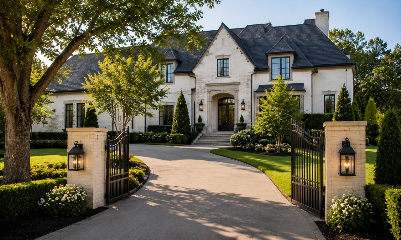 Elegant luxury home with impressive curb appeal, manicured landscaping, a grand entrance, and gated driveway, highlighting the importance of first impressions when selling high-end real estate.