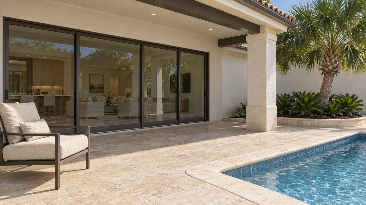 Covered stucco lanai with bronze-framed glass doors, limestone paving, a neutral outdoor chair, and the corner of a pool beside a curated palm bed.