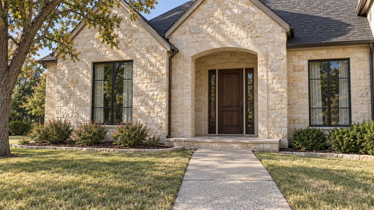 Limestone home entry with a dark oak door, paired tall windows, and a concrete approach through an early-fall lawn.