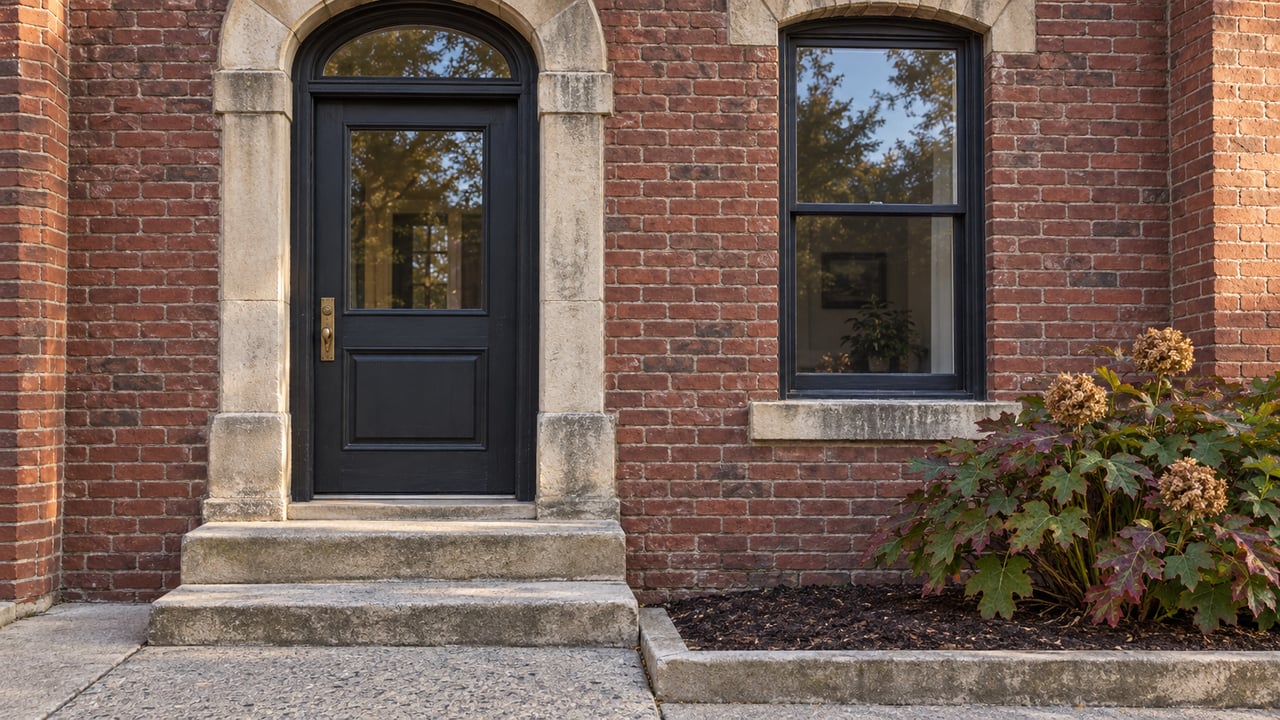 Morning light on a red brick townhouse entrance with a charcoal door, limestone steps and an oakleaf hydrangea beside a tall window.
