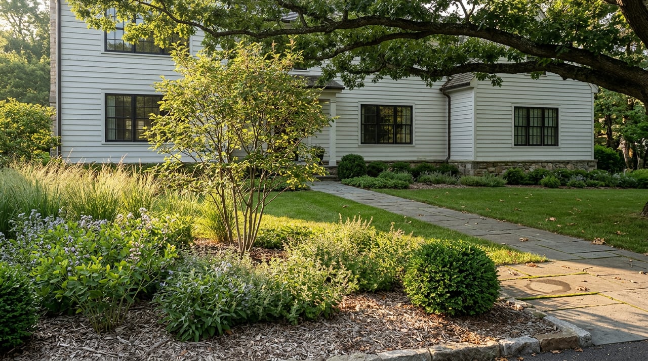 Layered garden with a serviceberry, grasses, bluestone walk, and white-sided home beneath an oak canopy.
