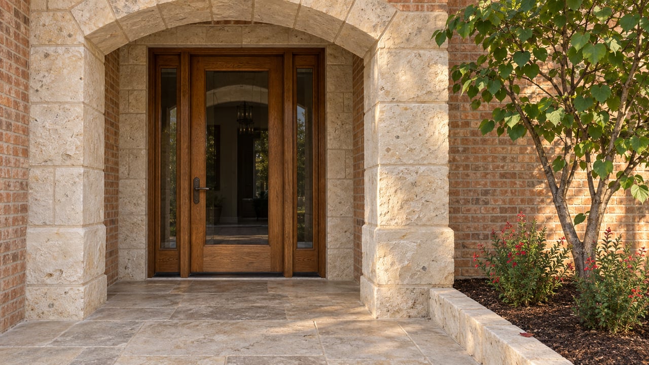 Cream limestone arch surrounds an oak and glass front door, with warm brick, a limestone landing and a small redbud beside the entry.
