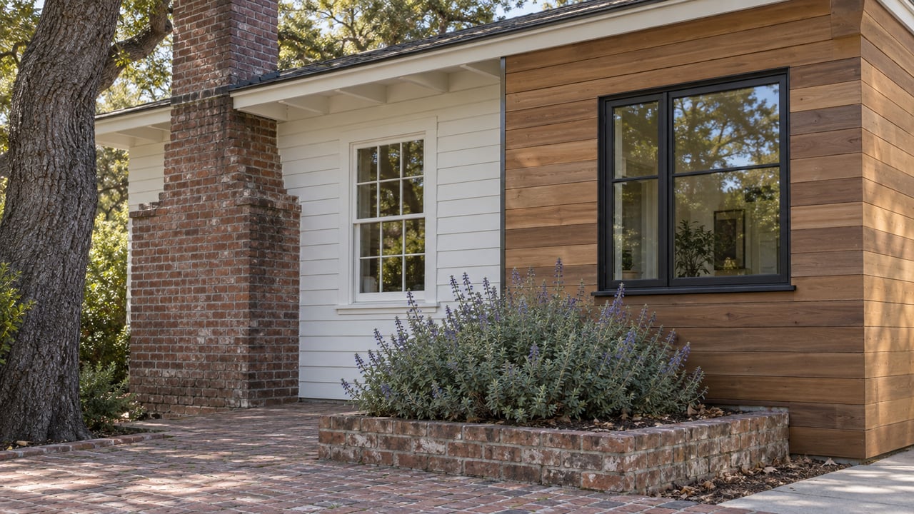 Red-brown brick and white siding meet a cedar-clad addition with a black-framed window beside a raised planting bed.