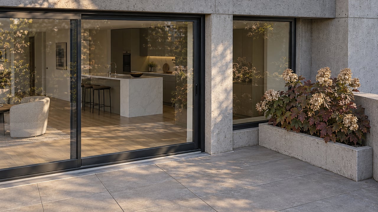 A private condo terrace with gray paving, concrete walls, black-framed glass doors, and an oakleaf hydrangea beside a bright modern apartment.
