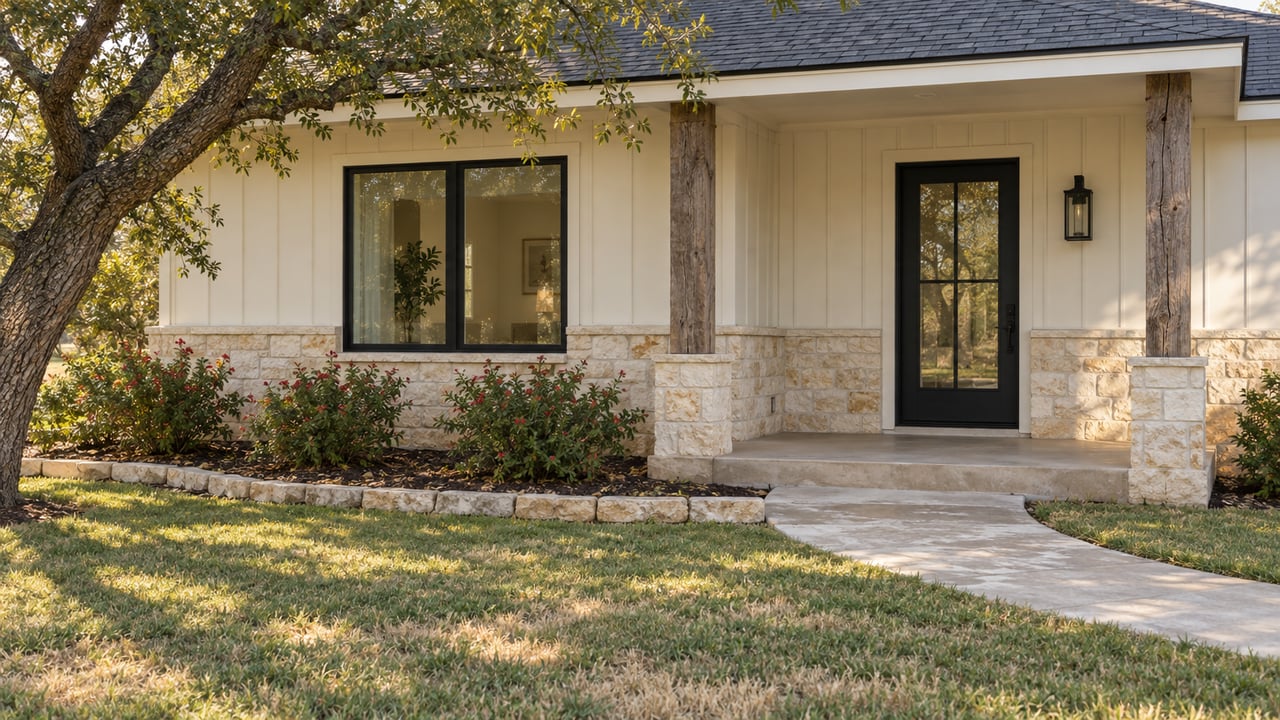 Single-story home with cream board-and-batten siding, limestone walls and a covered entry beyond a curved concrete walk and oak-shaded lawn.
