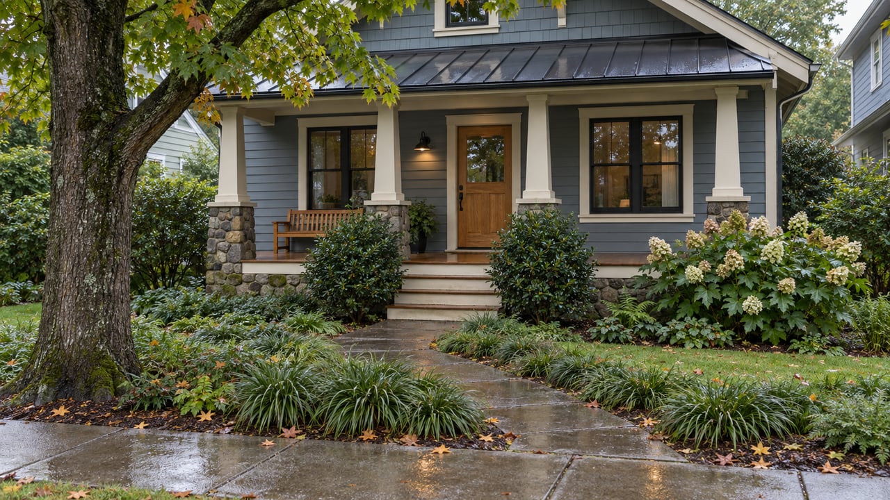 Blue-gray Craftsman cottage with an oak door, stone foundation, and rain-darkened front walk.