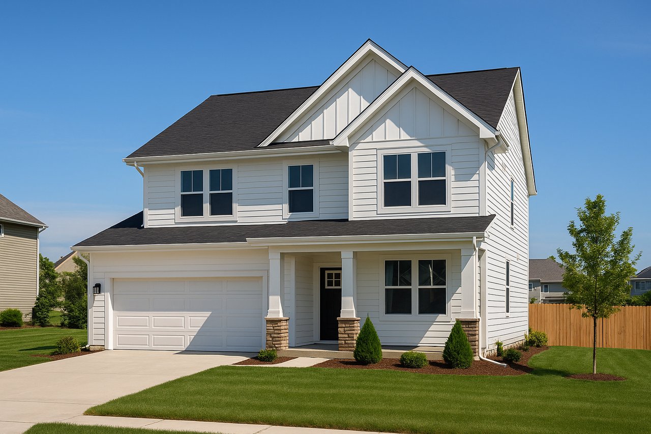Modern two-story home with white siding and dark roof in Des Moines, Iowa real estate market.