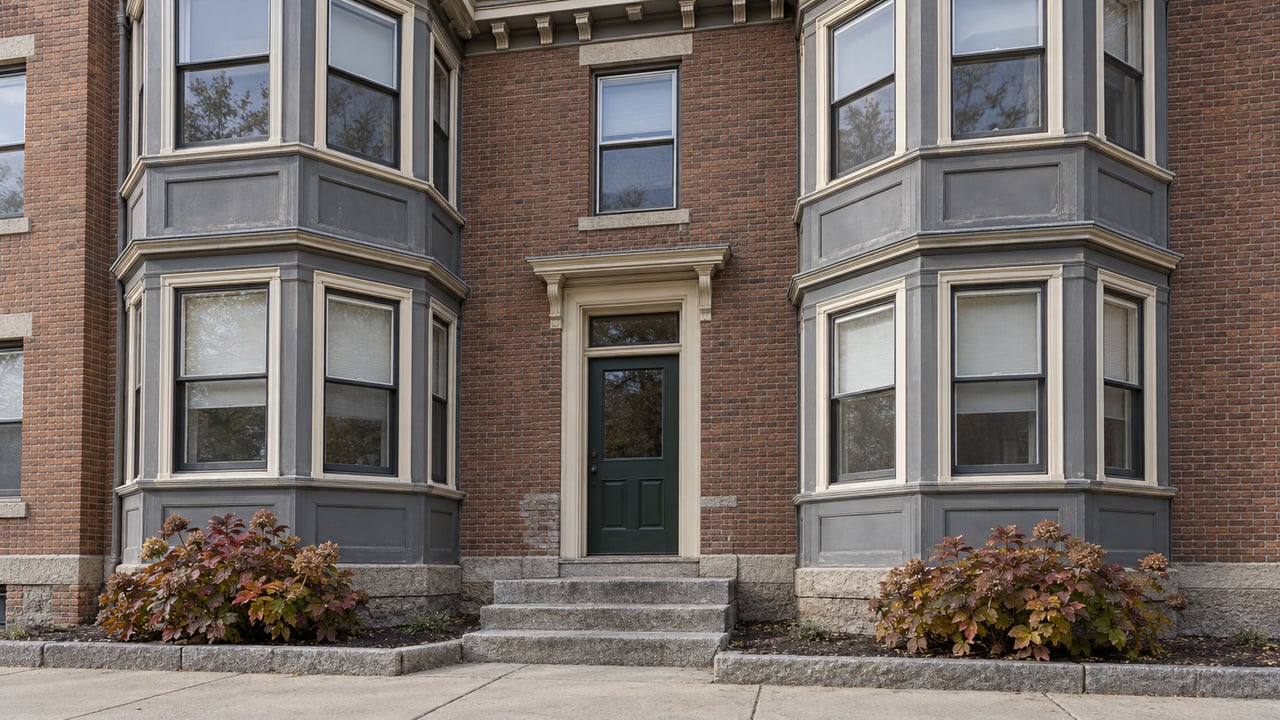 Brick multifamily home with gray stacked bay windows, a green entry door and worn granite steps in soft daylight.