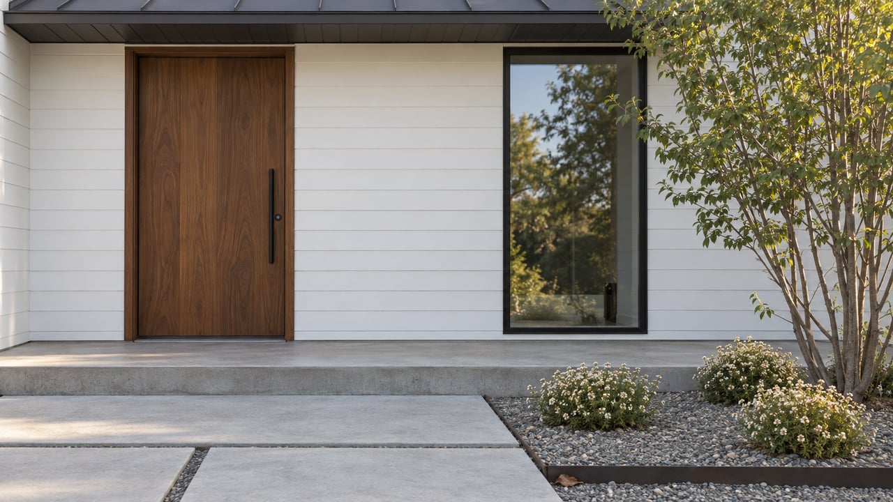 White-sided home entry with a walnut door, tall black-framed window, concrete steps, and sparse gravel planting.