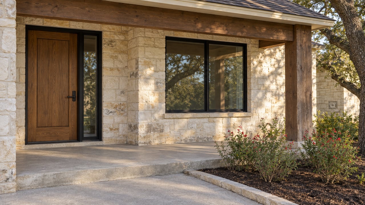 Morning light on a limestone home's cedar porch, oak front door, black-framed window and concrete approach beside red-flowering autumn sage.