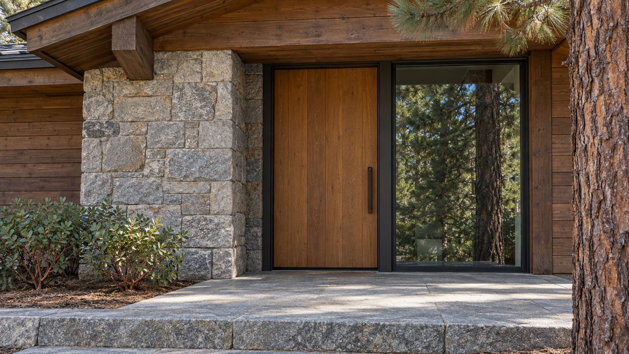 Close view of a timber entry door, gray granite masonry and dark-framed glass beneath a deep timber eave, beside a mature pine.