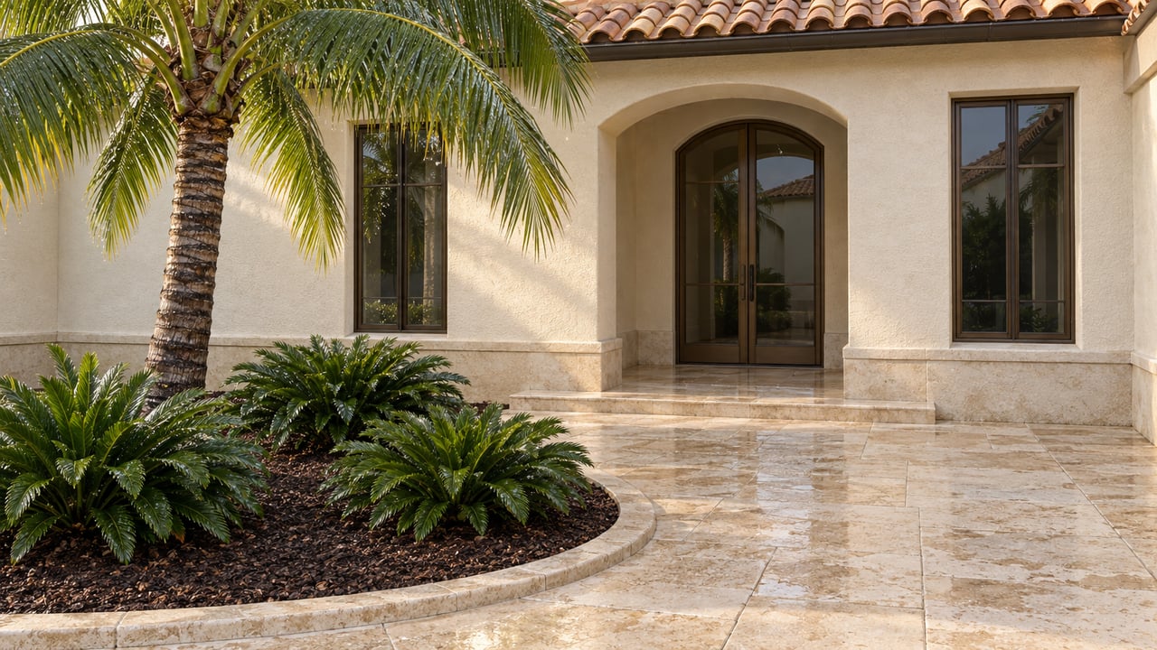 Cream stucco home's recessed glazed entry and limestone approach beside a curved planting island with a coconut palm and three coonties after rain.