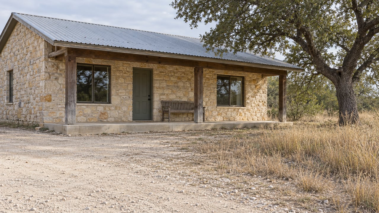A modest limestone ranch house with a galvanized roof and cedar-post porch beside a mature live oak, with a dusty caliche approach and tawny native grass.