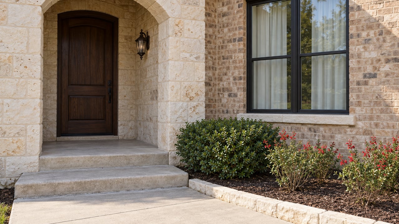 Limestone arched entrance and black-framed window beside a concrete front walk and carefully planted bed.