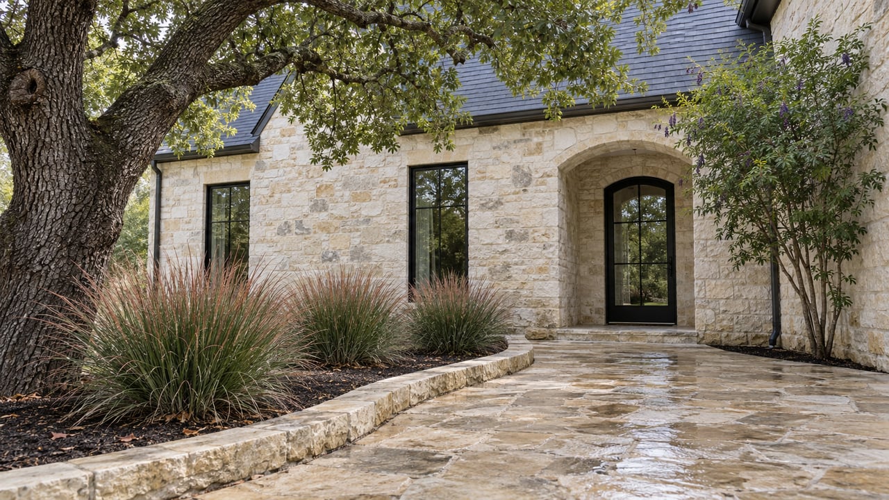 Limestone house with arched glass entry, dark-framed windows, curving stone path, and native plants beneath an oak.