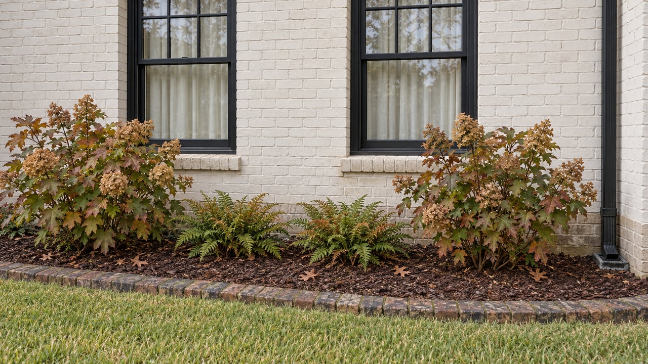 White-painted brick house facade with two black-framed windows above oakleaf hydrangeas, autumn ferns and a brick-edged lawn.