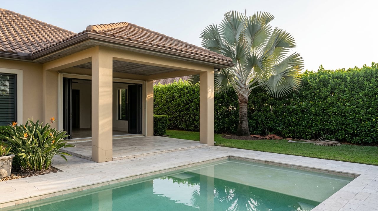 Private pool terrace with pale turquoise water, a covered loggia, and a silvery-blue palm beside clipped hedges.