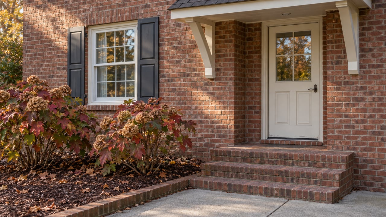 Brick home entry with an ivory door, shuttered window, worn brick steps and copper-red oakleaf hydrangeas in afternoon sunlight.