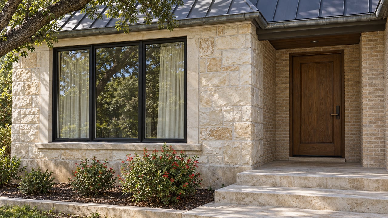 Close exterior view of a limestone home with black-framed windows, a recessed oak front door, broad stone steps, and red-flowering autumn sage beneath a live oak branch.
